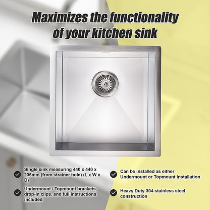 440x440mm Handmade Stainless Steel Undermount / Topmount Kitchen Laundry Sink with Waste