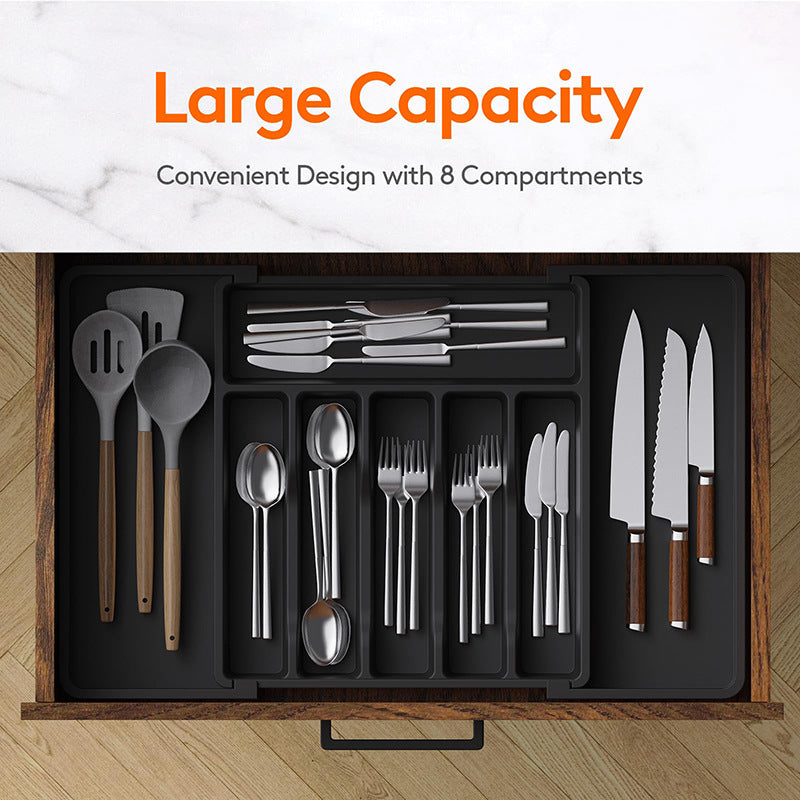 White Adjustable Polypropylene Kitchen Drawer Organizer - 8 Compartments, Large Capacity, Easy to Clean