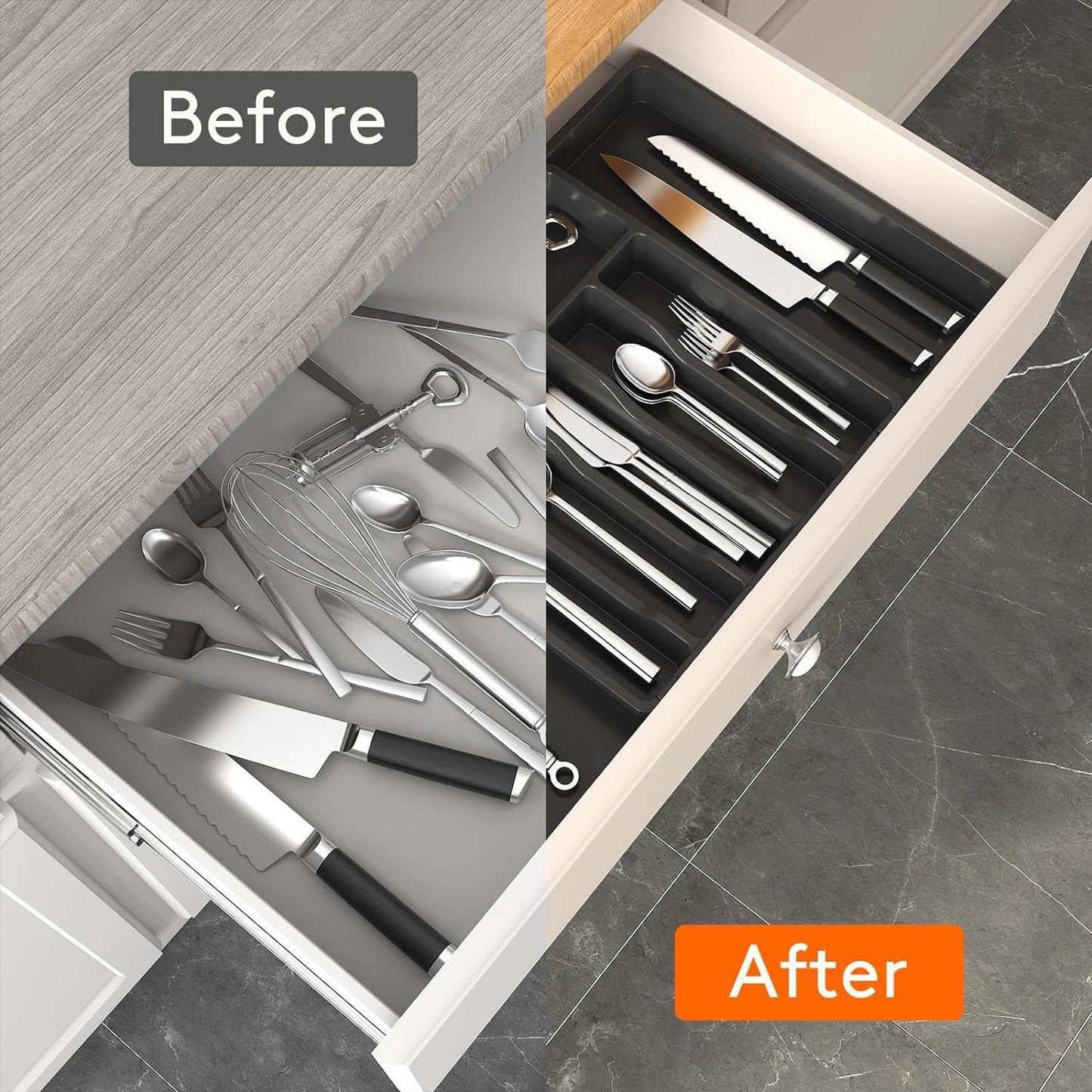 White Adjustable Polypropylene Kitchen Drawer Organizer - 8 Compartments, Large Capacity, Easy to Clean