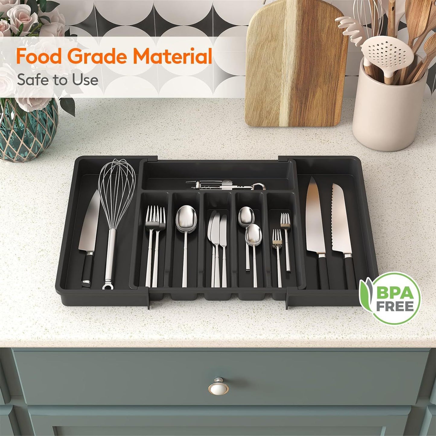White Adjustable Polypropylene Kitchen Drawer Organizer - 8 Compartments, Large Capacity, Easy to Clean